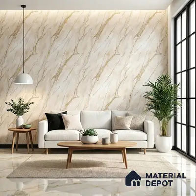 Modern living room with beige marble-look wall tiles and marble floor tiles