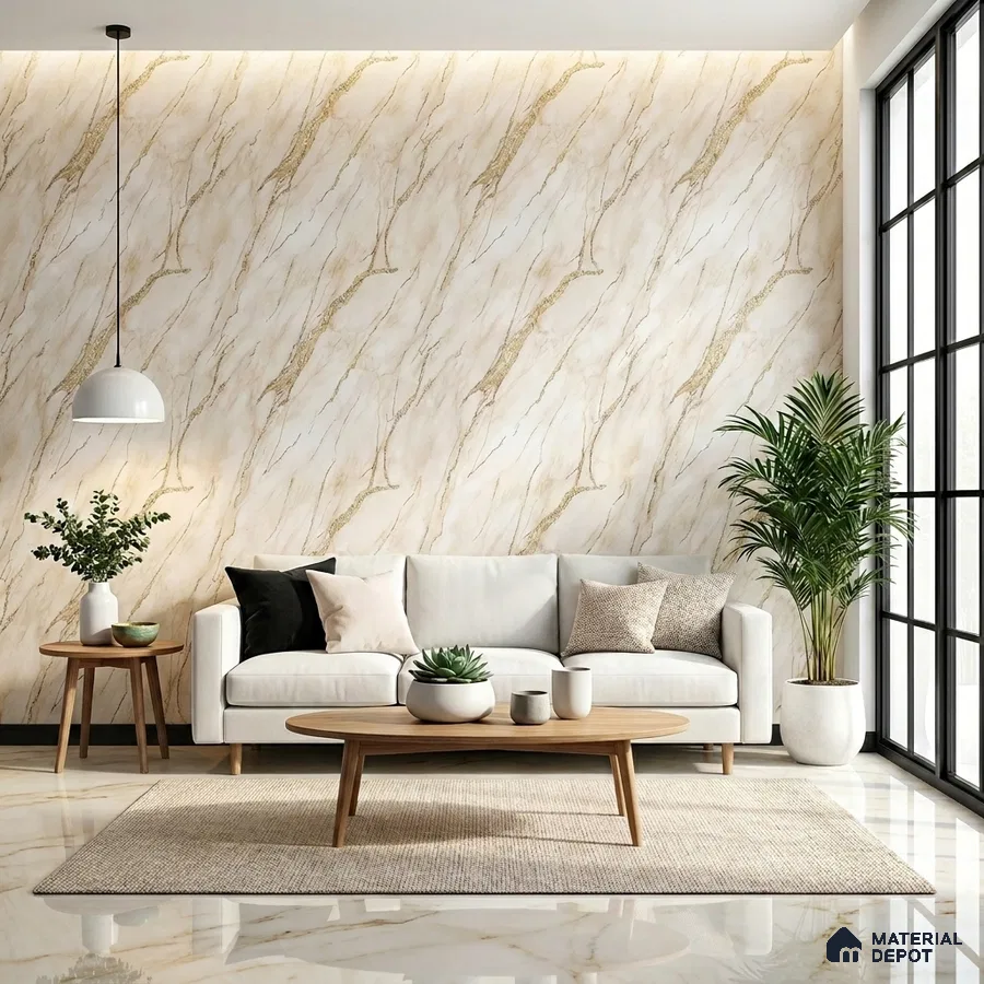 Modern living room with beige marble-look wall tiles and marble floor tiles