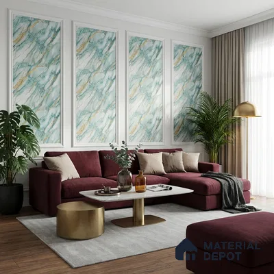 Modern living room with marble-look wall panels, burgundy velvet sofa, and gold accent decor