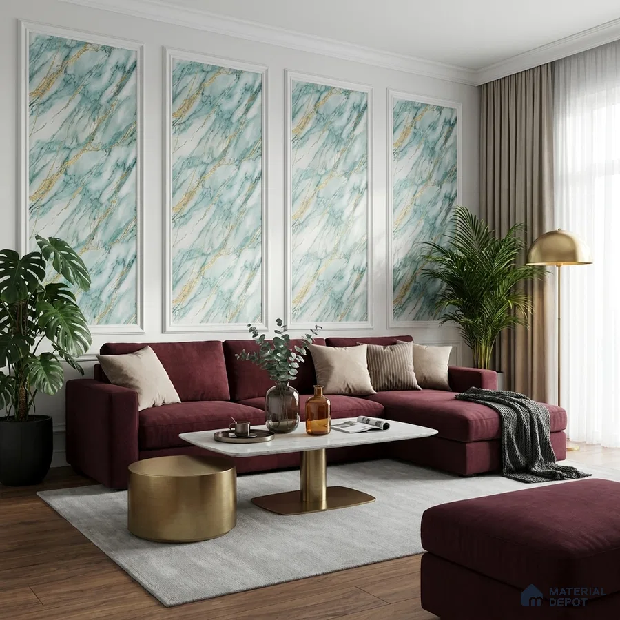 Modern living room with marble-look wall panels, burgundy velvet sofa, and gold accent decor
