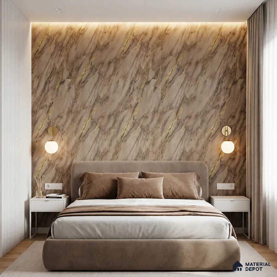 Modern bedroom with marble-look wallpaper accent wall and suede upholstered bed