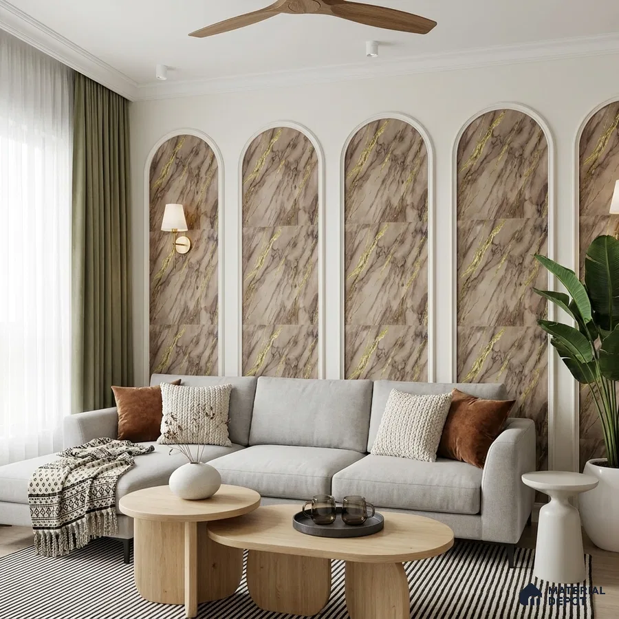 Modern living room with beige marble accent wall panels and light oak wood center tables