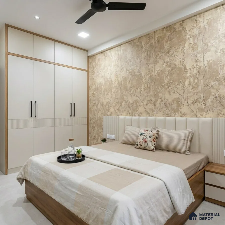 Modern bedroom with beige floral wallpaper, frosty white laminate wardrobe, and light wood accents