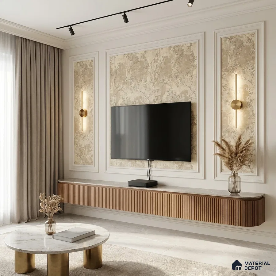 Modern living room with fluted wood TV unit, beige floral wallpaper, and marble coffee table