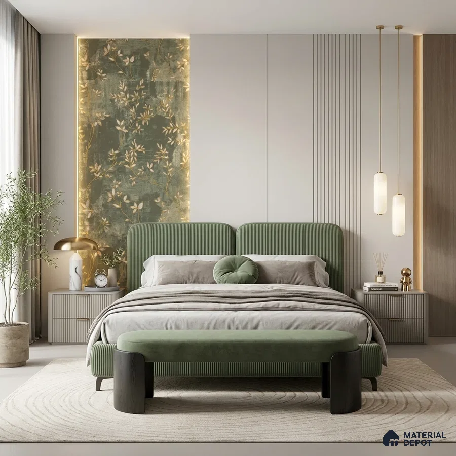 Japandi bedroom with sage green suede upholstery, floral chinoiserie wallpaper, and fluted wall panels