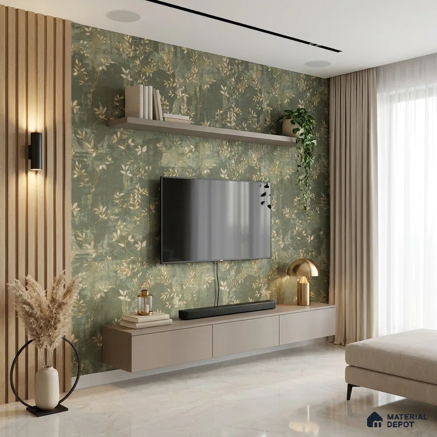 Modern living room with floral wallpaper, beige floating TV unit, and light marble floor tile