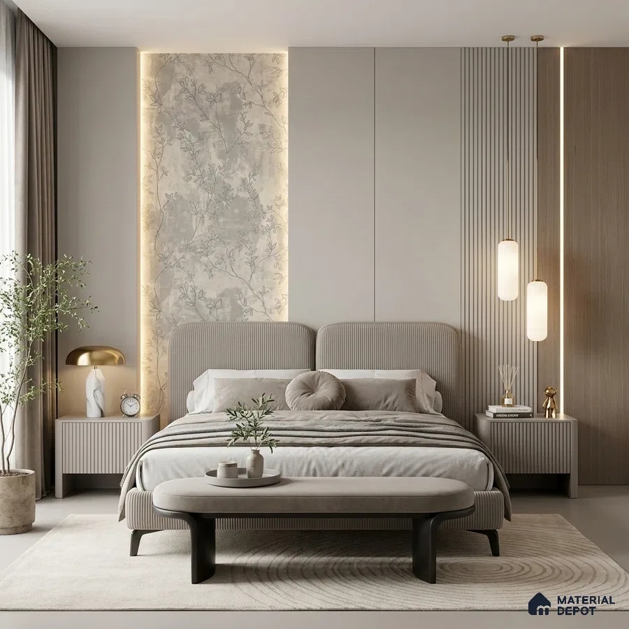 Japandi bedroom with suede upholstered bed, fluted panels, and chinoiserie wallpaper accent