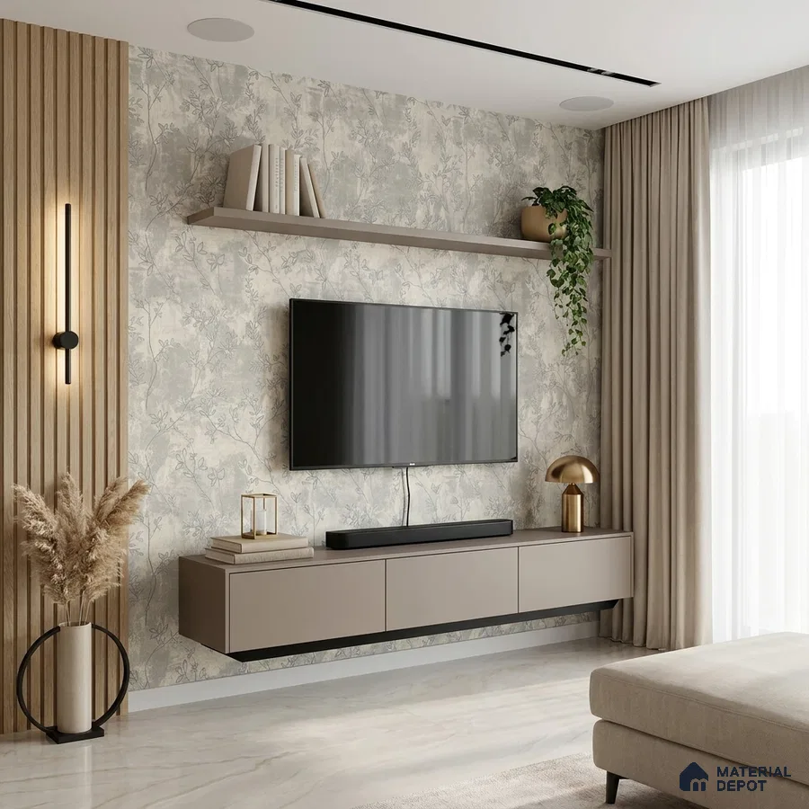 Modern living room with beige floral wallpaper, taupe floating TV unit, and light wood fluted wall panels