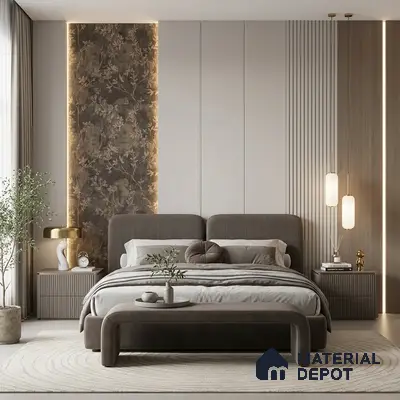 Japandi bedroom with suede upholstered bed, floral wallpaper accent, and fluted wood panels