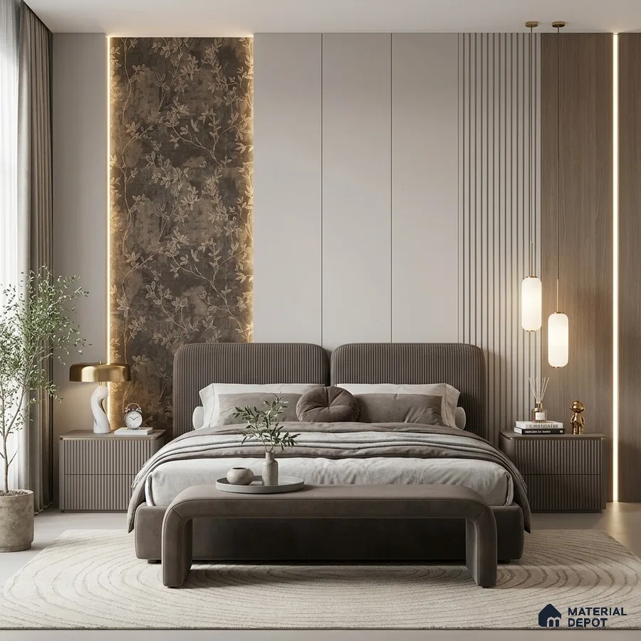 Japandi bedroom with suede upholstered bed, floral wallpaper accent, and fluted wood panels