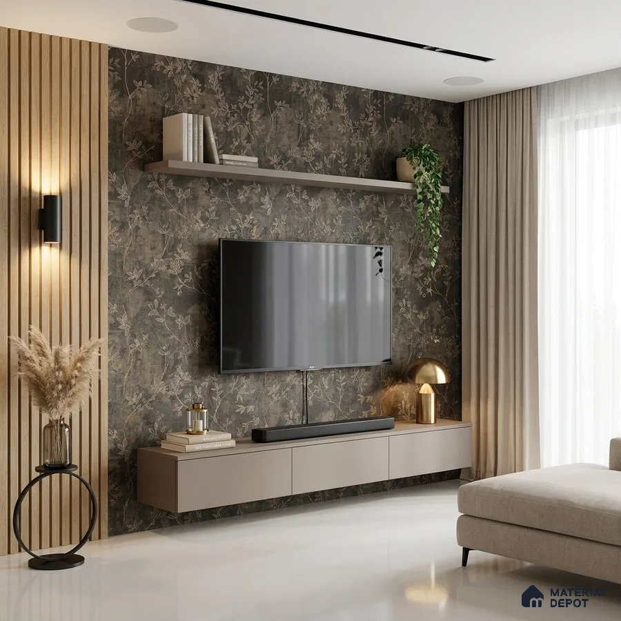 Modern living room with floral wallpaper accent wall, beige floating TV unit, and vertical wood slat panels