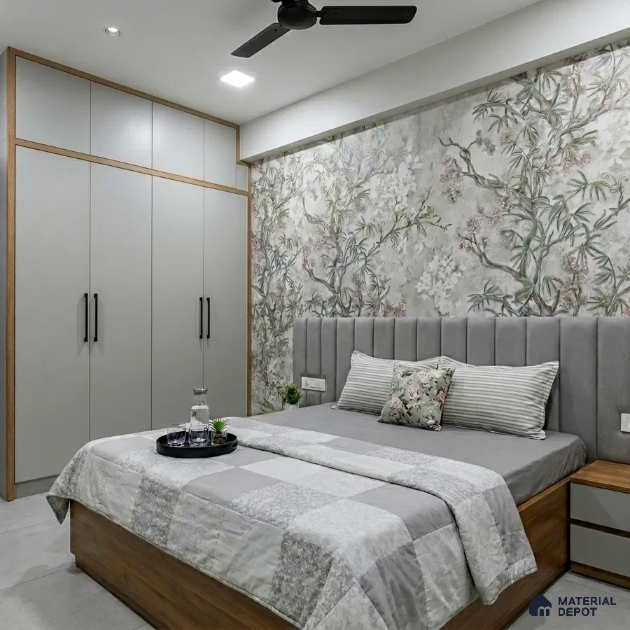 Modern bedroom with floral wallpaper, grey suede upholstered headboard, and matte grey wardrobe laminate