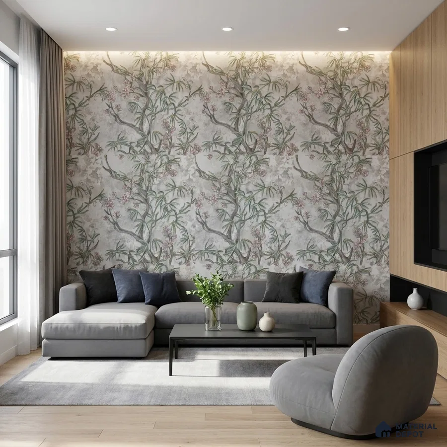 Modern living room with chinoiserie floral wallpaper, light oak laminate, and grey upholstery