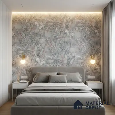 Scandinavian bedroom with floral wallpaper, suede upholstered bed, and light wood flooring