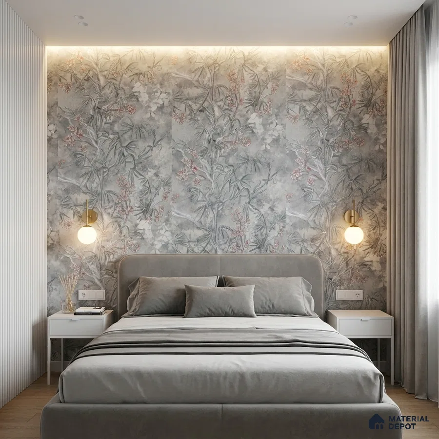 Scandinavian bedroom with floral wallpaper, suede upholstered bed, and light wood flooring