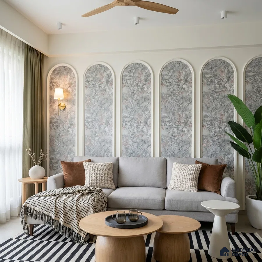 Scandinavian living room with floral wallpaper panels and light oak coffee tables