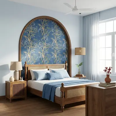 Scandinavian bedroom with blue chinoiserie wallpaper, natural cane wood bed, and wooden flooring