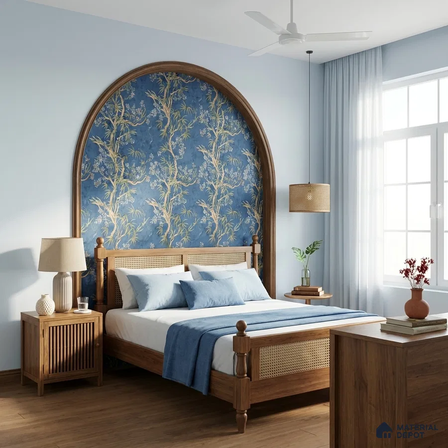 Scandinavian bedroom with blue chinoiserie wallpaper, natural cane wood bed, and wooden flooring