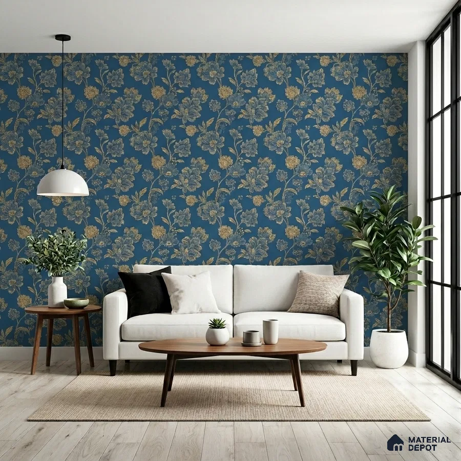 Mid-century modern living room with blue floral wallpaper and light oak wooden flooring