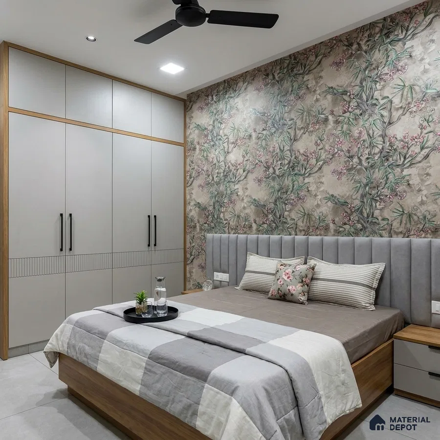 Modern bedroom with floral wallpaper, grey upholstered headboard, and dual tone wardrobe with wood accents
