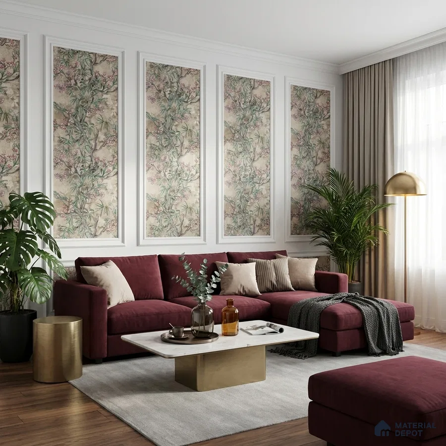 Art Deco living room with chinoiserie floral wallpaper, burgundy velvet sofa, and marble-top brass coffee table