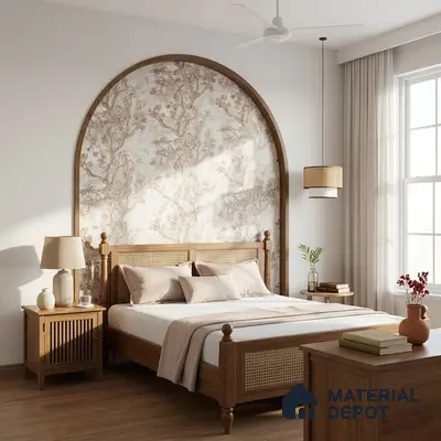 Japandi bedroom with natural wood furniture, cane headboard, and floral wallpaper accent