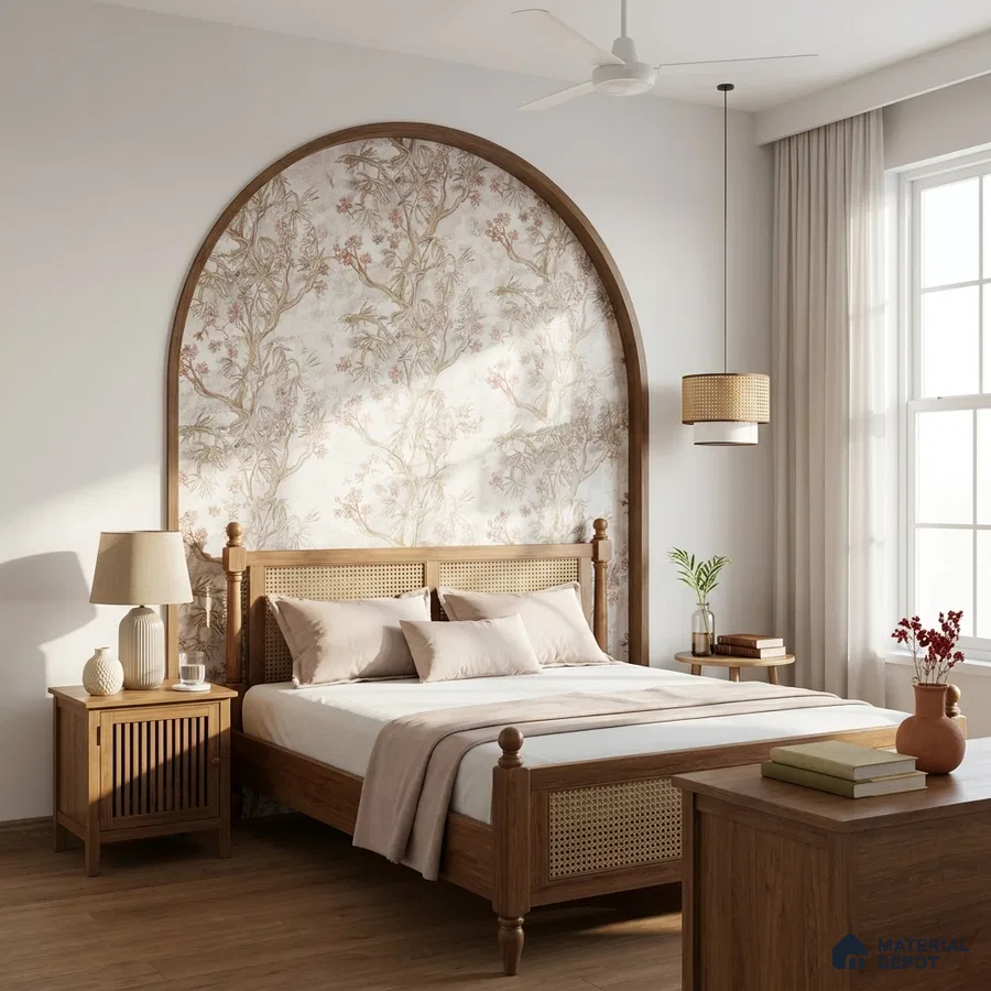 Japandi bedroom with natural wood furniture, cane headboard, and floral wallpaper accent