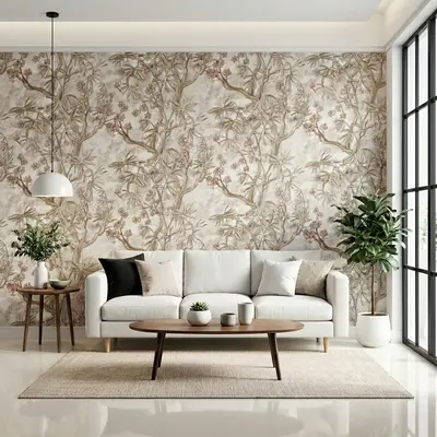 Scandinavian living room with chinoiserie wallpaper and beige fabric sofa