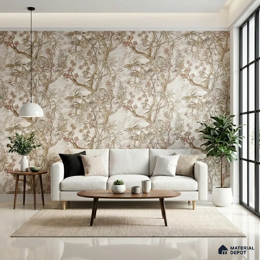 Scandinavian living room with chinoiserie wallpaper and beige fabric sofa