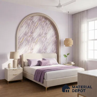Modern bedroom with lilac marble-look wallpaper accent, beige upholstered bed, and wooden flooring