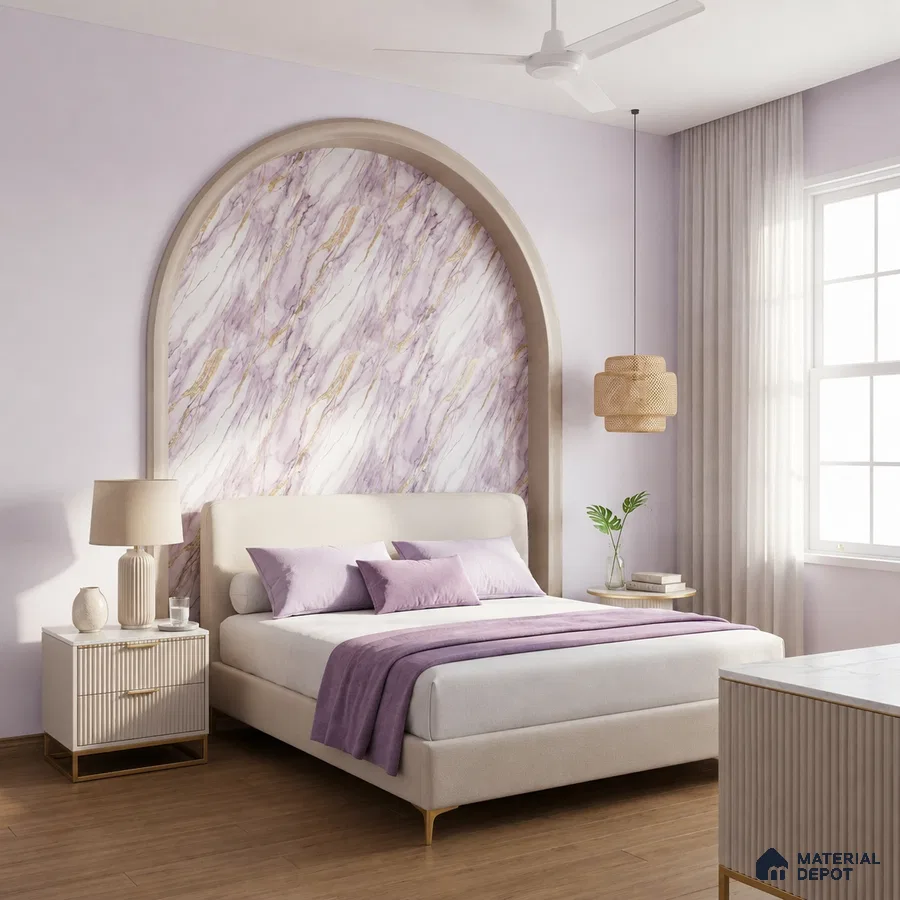 Modern bedroom with lilac marble-look wallpaper accent, beige upholstered bed, and wooden flooring