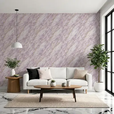 Modern living room with lilac marble wallpaper and white marble floor tiles