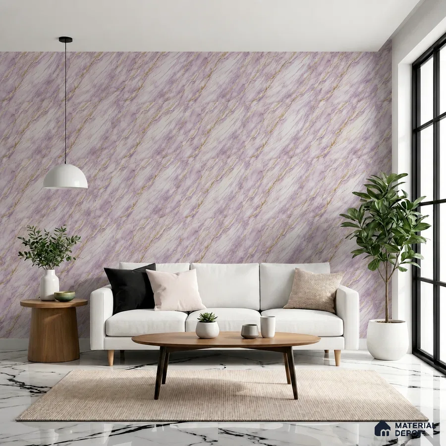 Modern living room with lilac marble wallpaper and white marble floor tiles