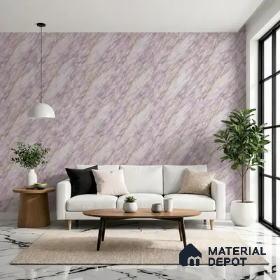 Modern living room with lilac marble wallpaper and white marble floor tiles