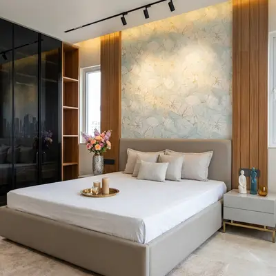 Modern bedroom with floral wallpaper accent, wood paneling, and beige upholstered bed
