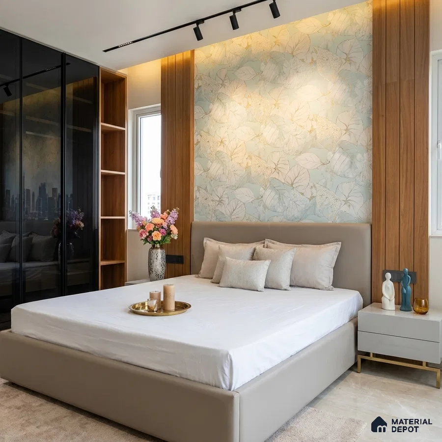 Modern bedroom with floral wallpaper accent, wood paneling, and beige upholstered bed