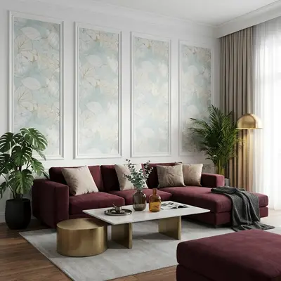 Modern living room with floral wallpaper panels, burgundy velvet sofa, and marble coffee table