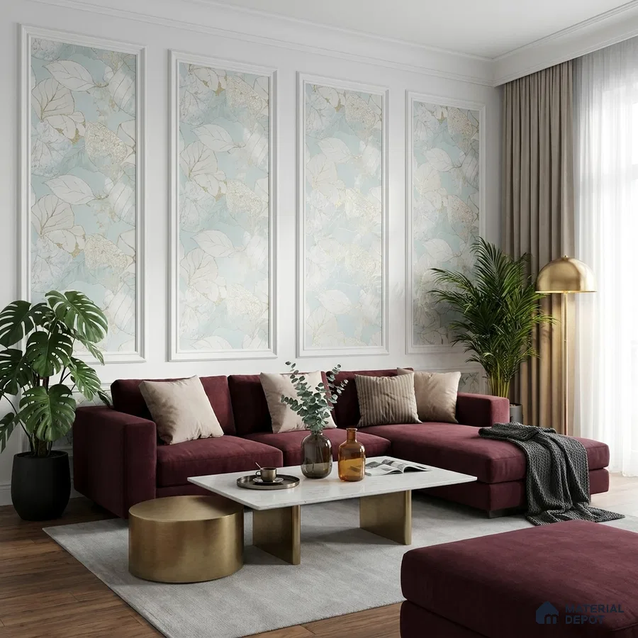 Modern living room with floral wallpaper panels, burgundy velvet sofa, and marble coffee table