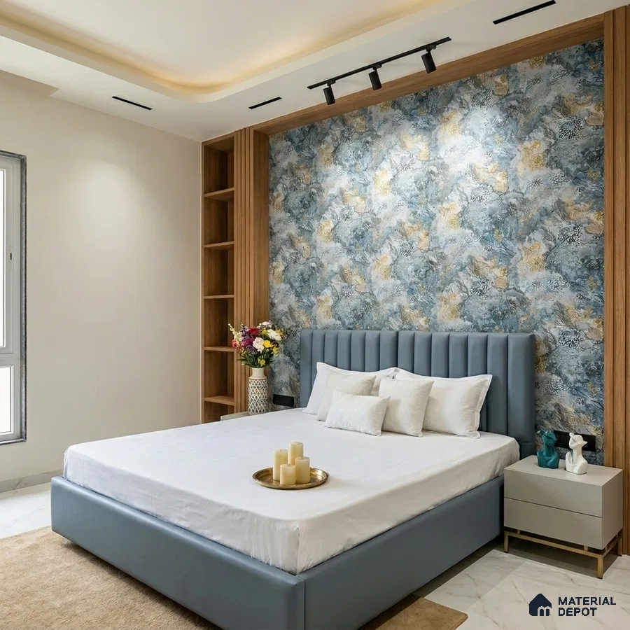 Modern bedroom with blue abstract wallpaper, suede upholstered bed, and wood laminate shelving