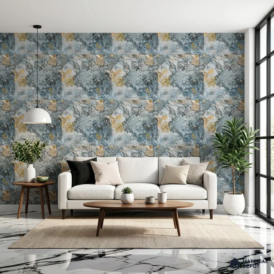 Modern living room with abstract blue and gold patterned wallpaper and white marble floor tiles