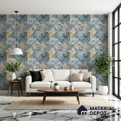 Modern living room with abstract blue and gold patterned wallpaper and white marble floor tiles