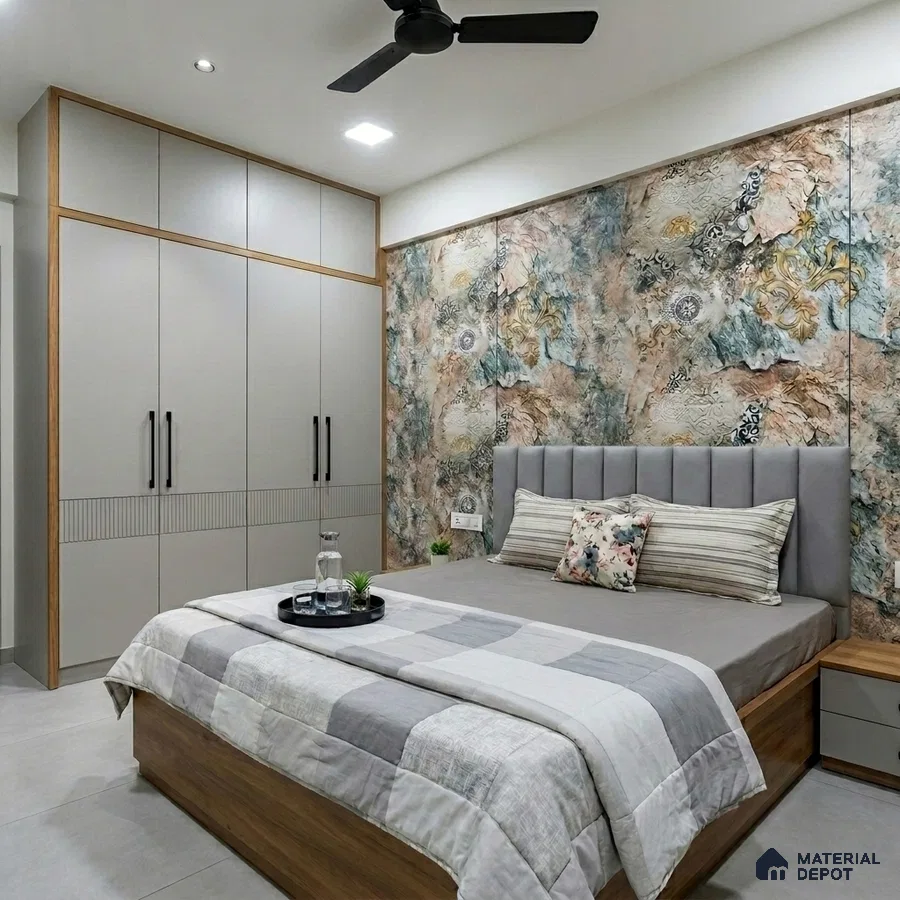 Modern bedroom with abstract wallpaper accent wall and matte grey wardrobe laminate