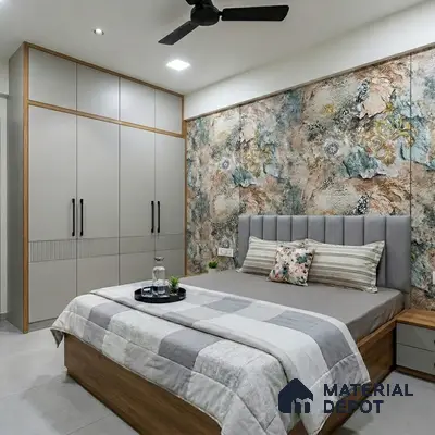 Modern bedroom with abstract wallpaper accent wall and matte grey wardrobe laminate