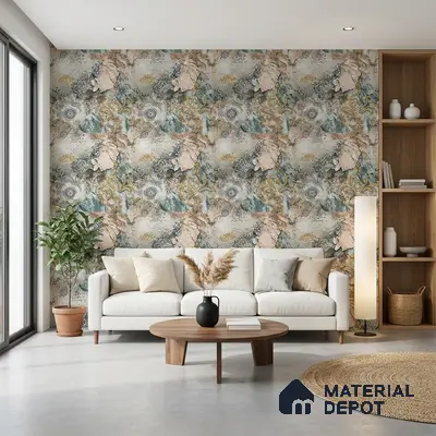 Modern living room with abstract patterned wallpaper and light wood open shelving