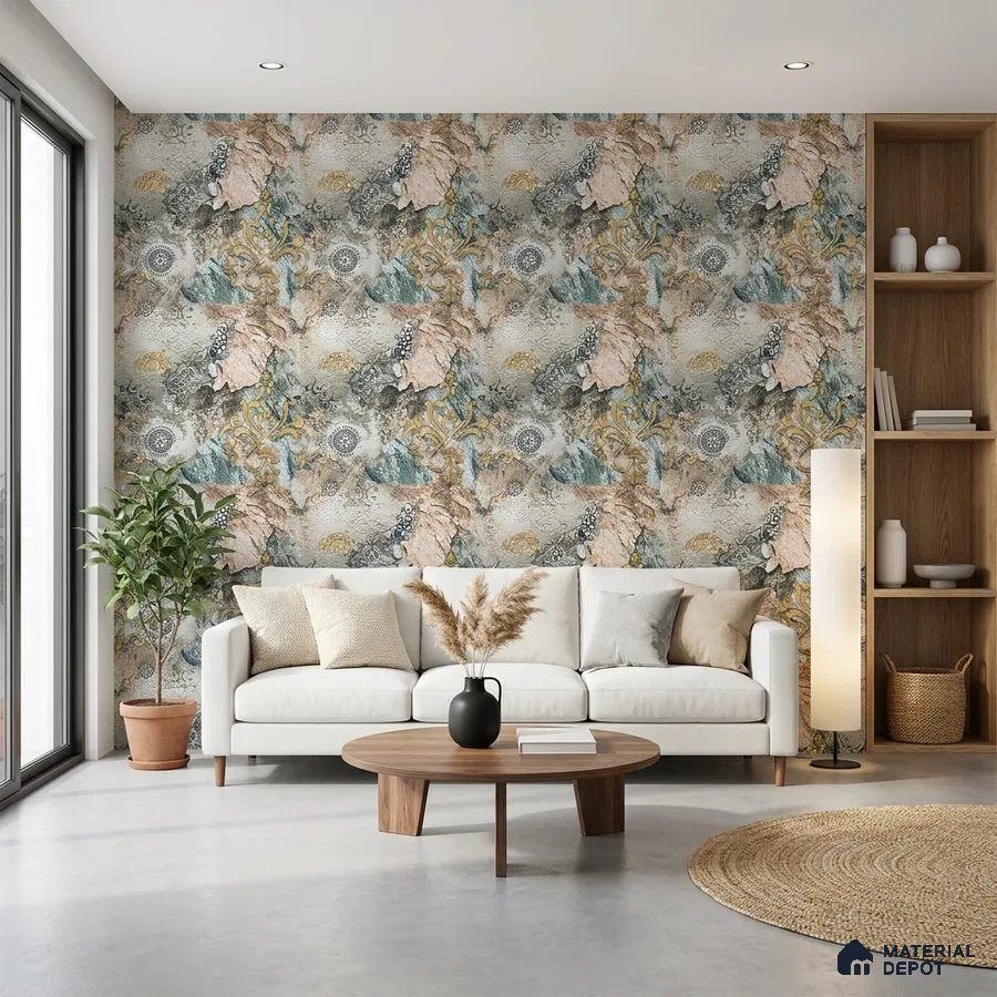 Modern living room with abstract patterned wallpaper and light wood open shelving