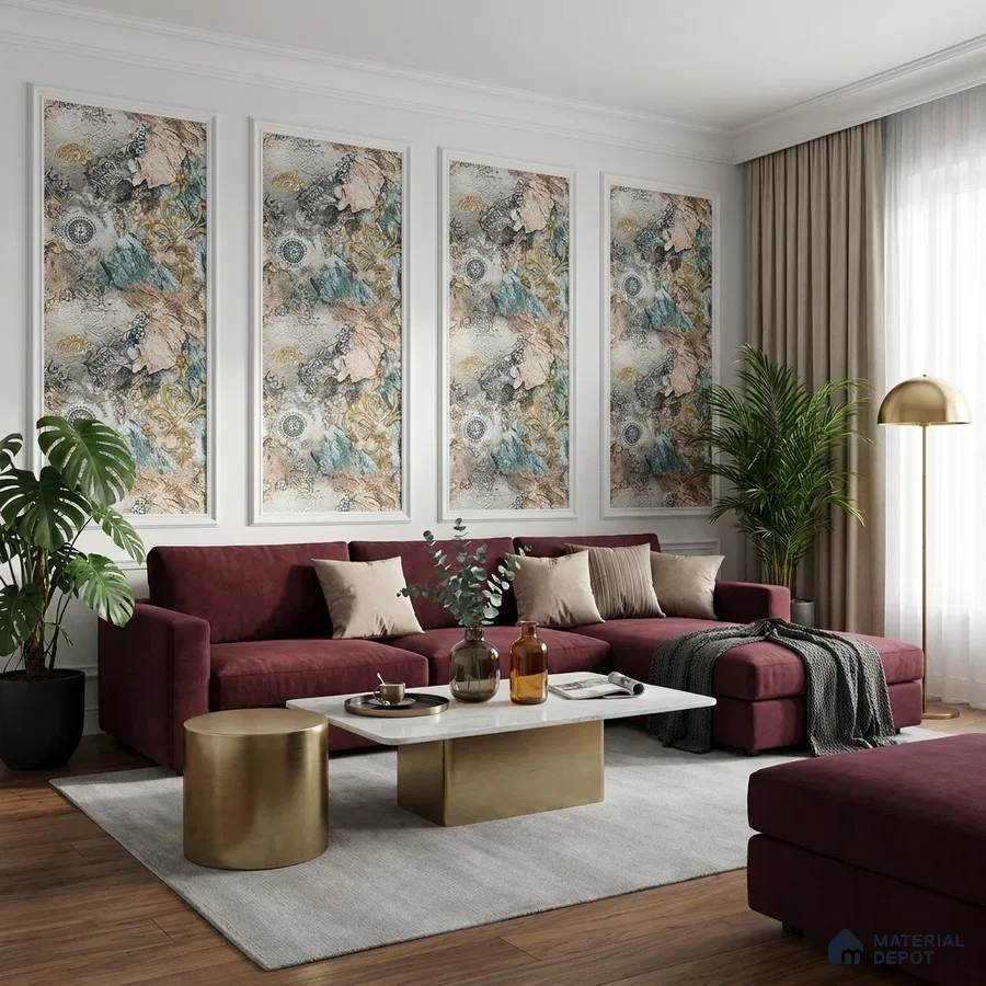 Modern living room with burgundy velvet sofa, abstract floral wallpaper panels, and gold accent tables