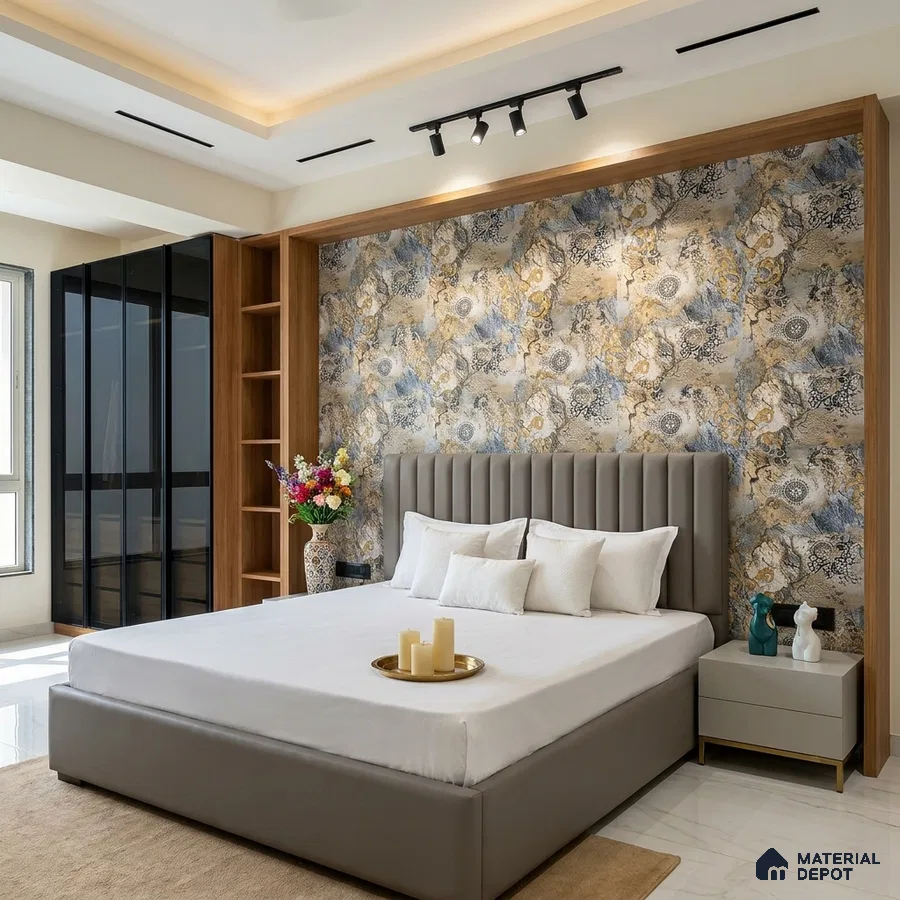 Modern bedroom with abstract floral wallpaper, taupe suede upholstered bed, and glass wardrobe shutters