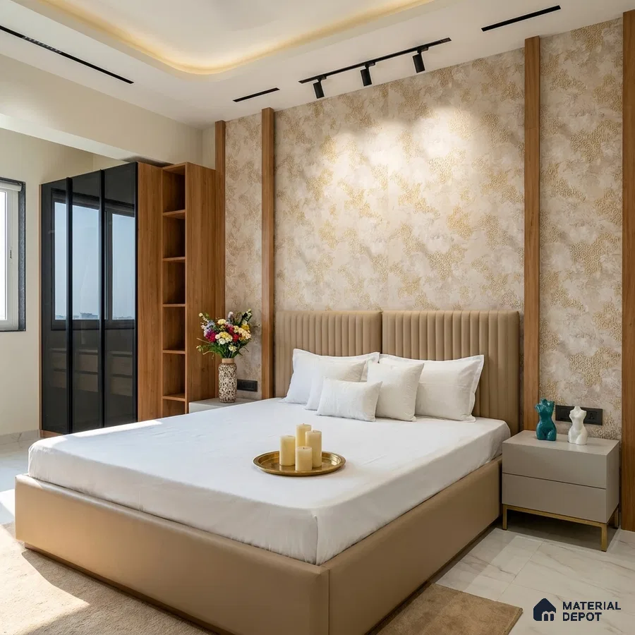 Modern bedroom with beige suede upholstered bed, gold patterned wallpaper, and walnut wood wardrobe