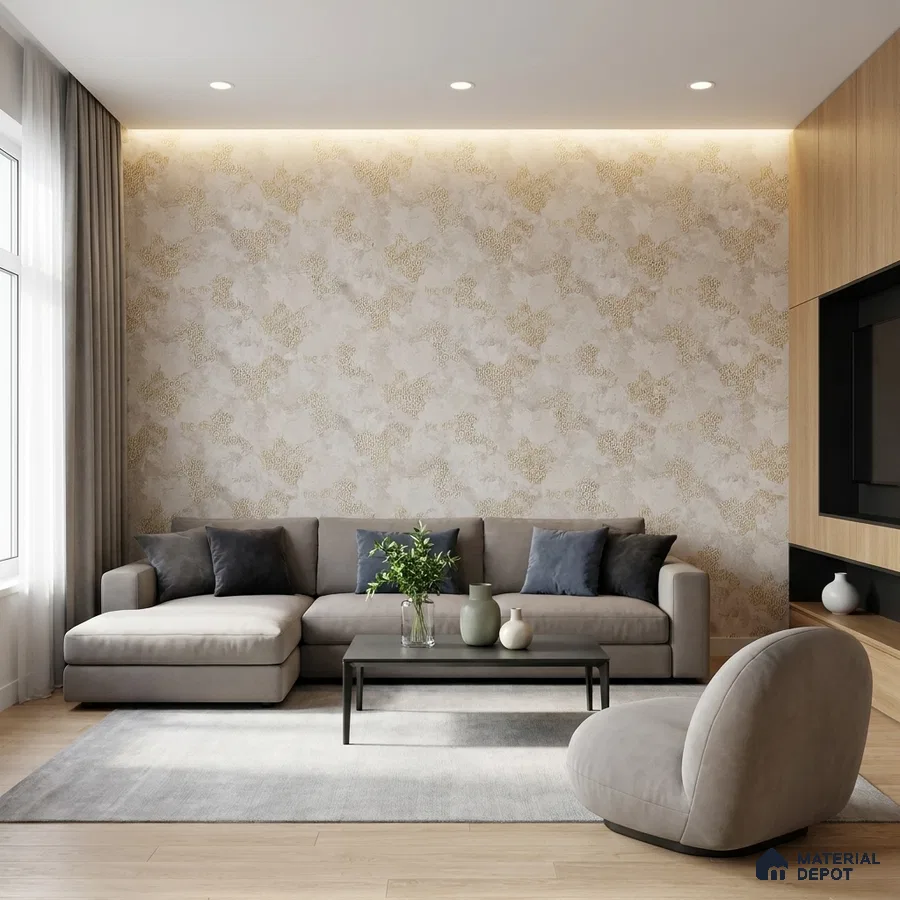 Modern living room with beige patterned wallpaper, grey suede sofa, and light oak wooden flooring