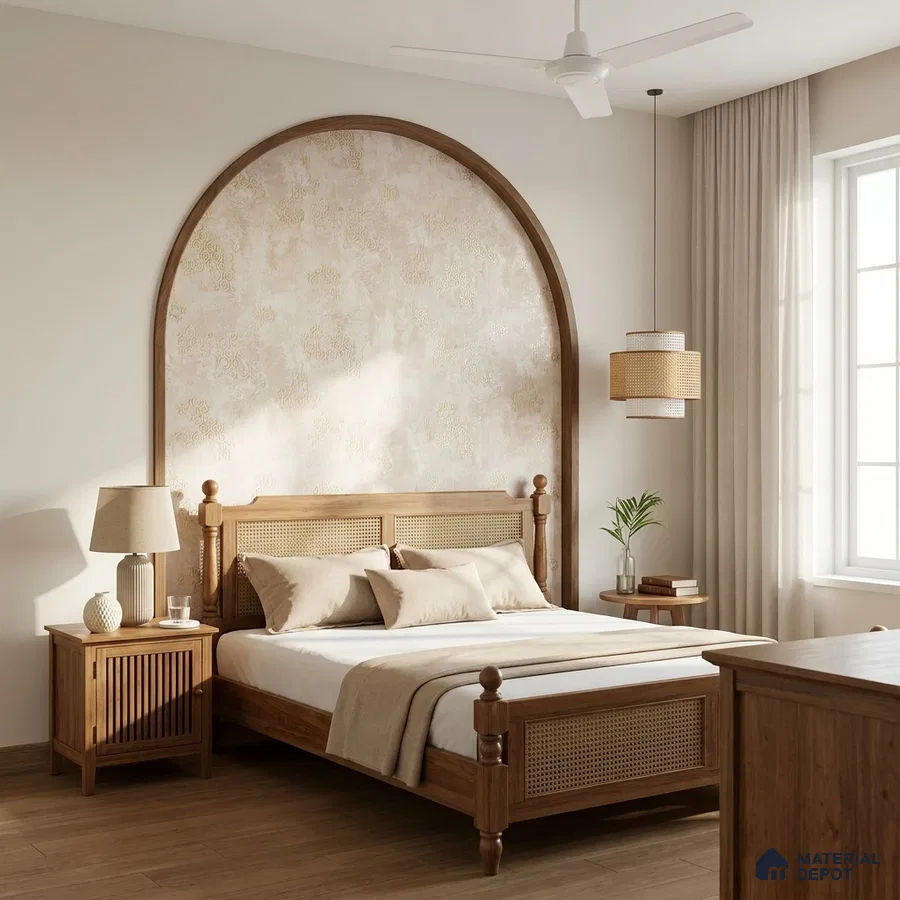 Scandinavian bedroom with natural oak wood furniture, cane headboard, and beige textured wallpaper accent